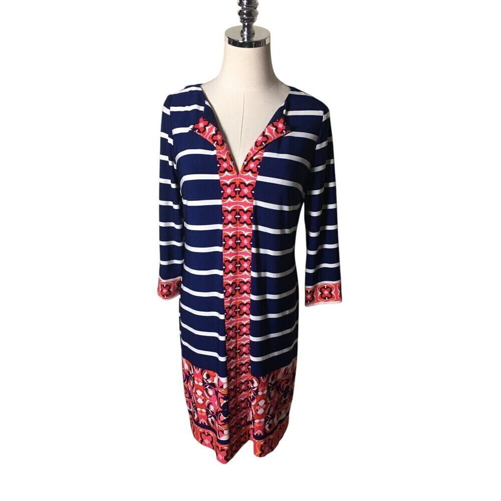 Eliza J Mini Dress Women's Size 8 Petite Navy White Stripes Geometric Accents